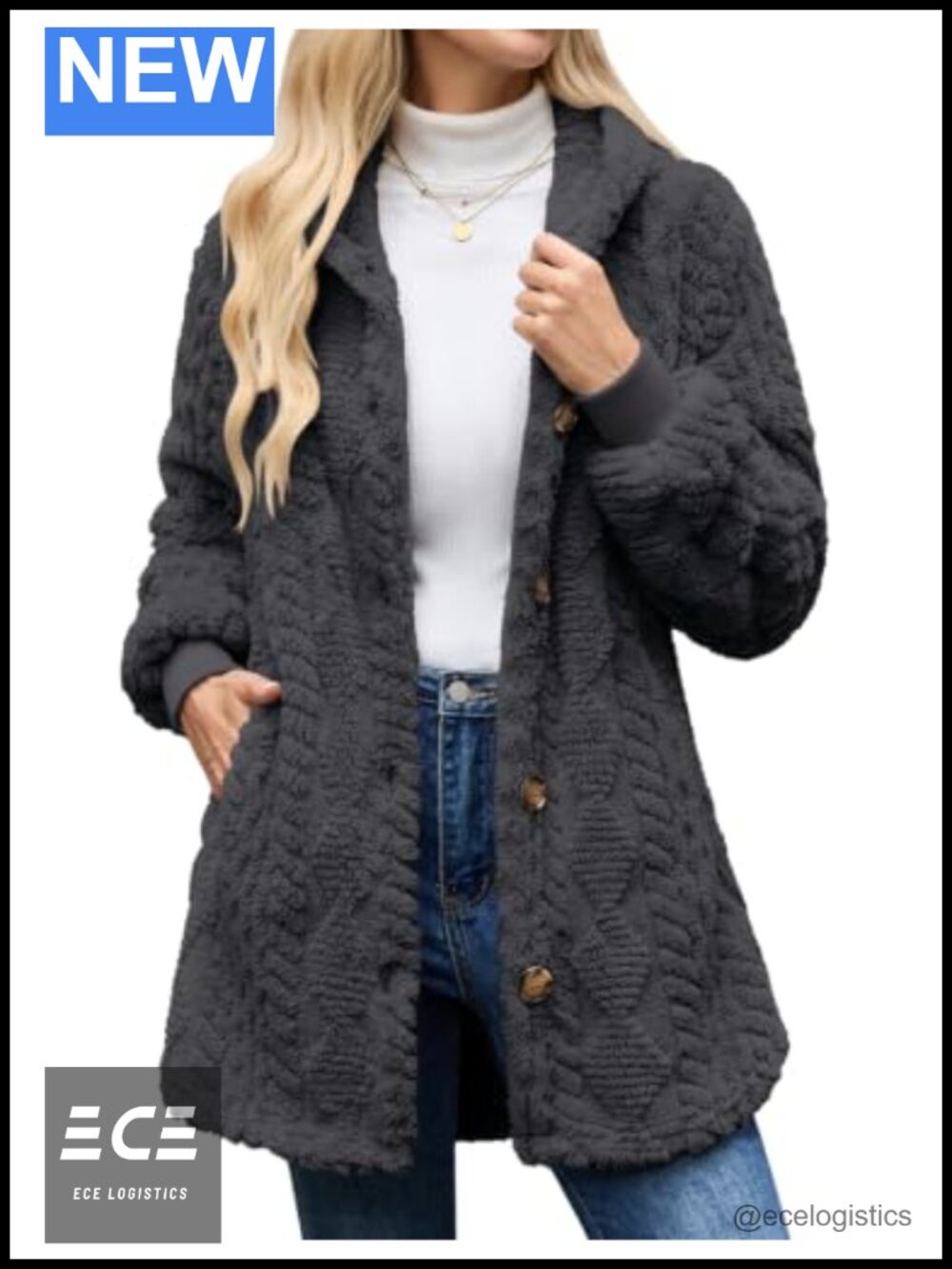 Sherpa Fleece Hooded Button Down Winter Coat Warm Casual Jacket